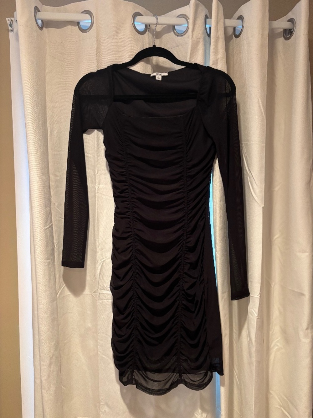 Black long sleeve mesh ruched dress